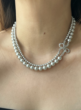 双层蝴蝶结灰珍珠项链 大溪地施家珠锁骨链女轻奢毛衣链choker链