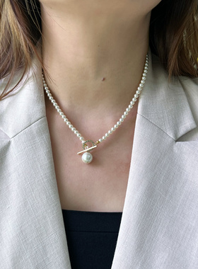 暖黄极细baby珠珍珠项链 镶钻OT扣项链轻奢小众设计ins锁骨链女