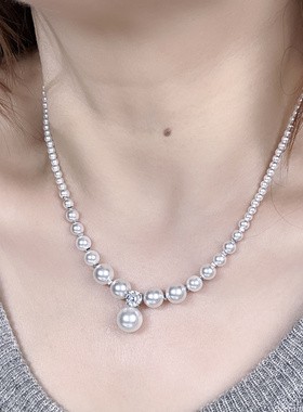 正圆强光澳白戴妃珍珠项链 施家水晶珠塔链渐变叠戴锁骨链毛衣链