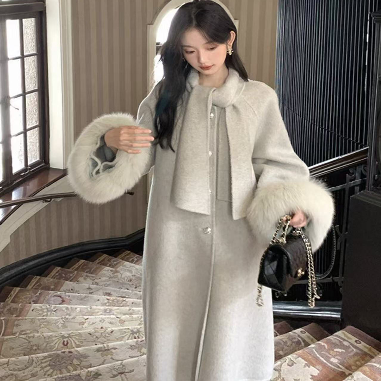 毛毛袖口呢子大衣女2025秋冬季新款高级感超好看英伦风中长款外套