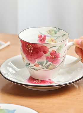 日本进口ceramic蓝咖啡杯十二月份彩色花卉茶杯美浓烧陶瓷杯子