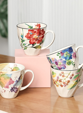 日本进口ceramic蓝马克杯彩色花卉水杯美浓烧清新陶瓷茶杯咖啡杯
