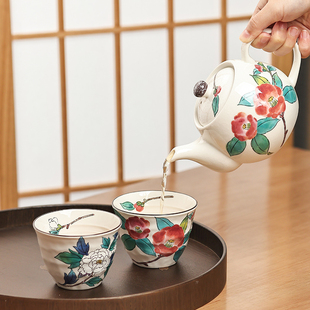 日本进口ceramic蓝美浓烧茶壶茶杯水彩花卉陶瓷茶具套装 礼盒装