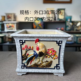 岭南盆景盆广东佛山石湾花盆手工制作贴花特大四方盆春花盆
