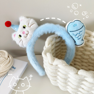 可爱小猫钓鱼发箍猫咪头箍洗脸蓝色小鱼搞怪发卡少女头饰发饰女童