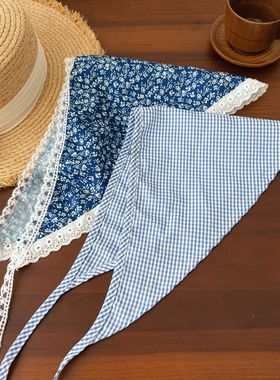 蓝色碎花网格头巾发巾少女头饰复古法式田园风森系甜美发饰发带女