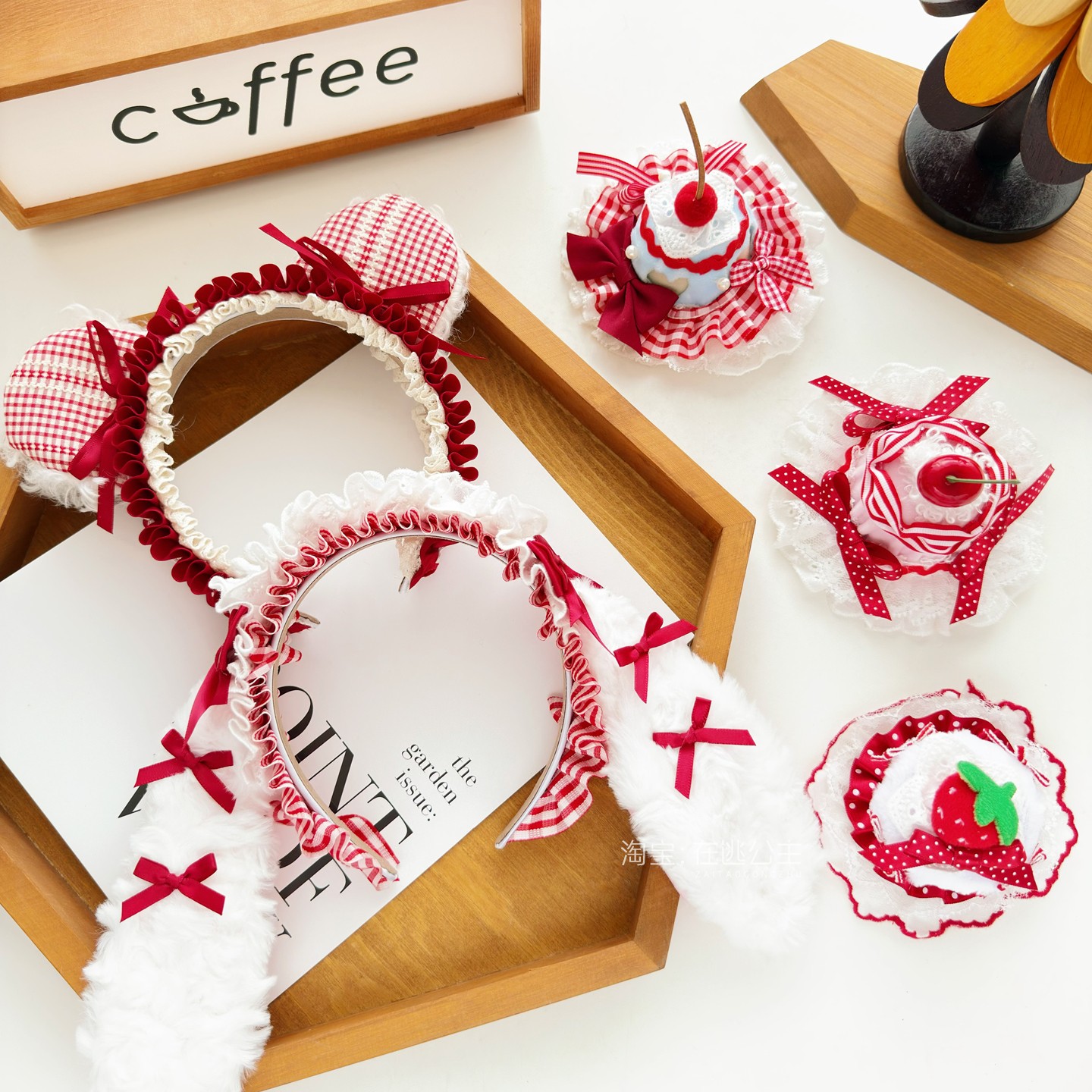 可爱红色格子兔耳朵发箍小熊头箍