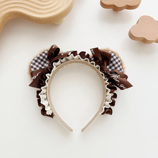 蕾丝咖色毛绒小熊发箍熊耳朵头箍可爱甜美发卡成人头饰洛丽塔发饰