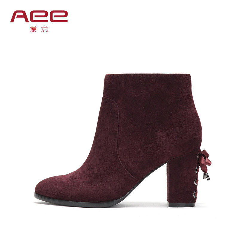 Aee/爱意羊皮绒粗跟圆头侧拉链高跟短靴女靴1617505011捡漏35码,女鞋,时装靴,淘宝优惠券,粉丝福利购,淘宝优惠卷