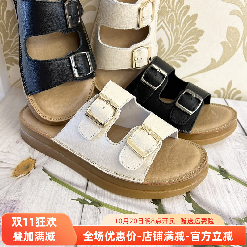 Aee/爱意新款平底一字拖方扣厚底沙滩勃肯凉拖鞋女舒适软牛皮