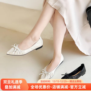 Aee/爱意浅口尖头单鞋女2025新款羊皮瓢鞋舒适平底鞋蝴蝶结