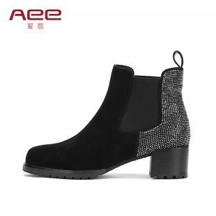 秋冬短靴羊皮水钻靴子粗跟Aee/爱意1618505037松紧弹力短靴女中跟