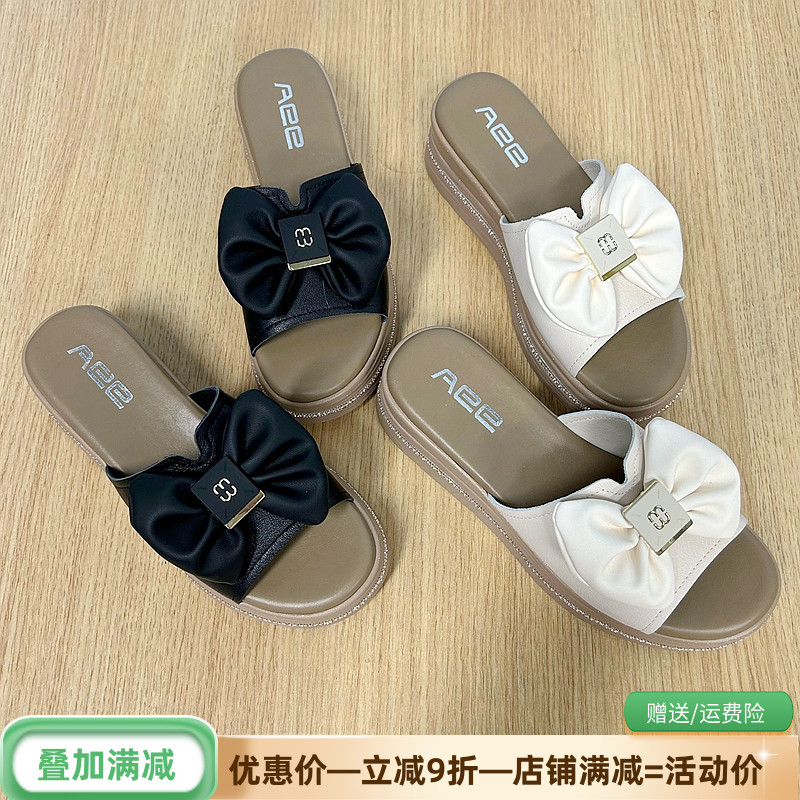 一字拖鞋夏季新款Aee/愛意蝴蝶結水鉆珍珠坡跟涼拖軟牛皮舒適