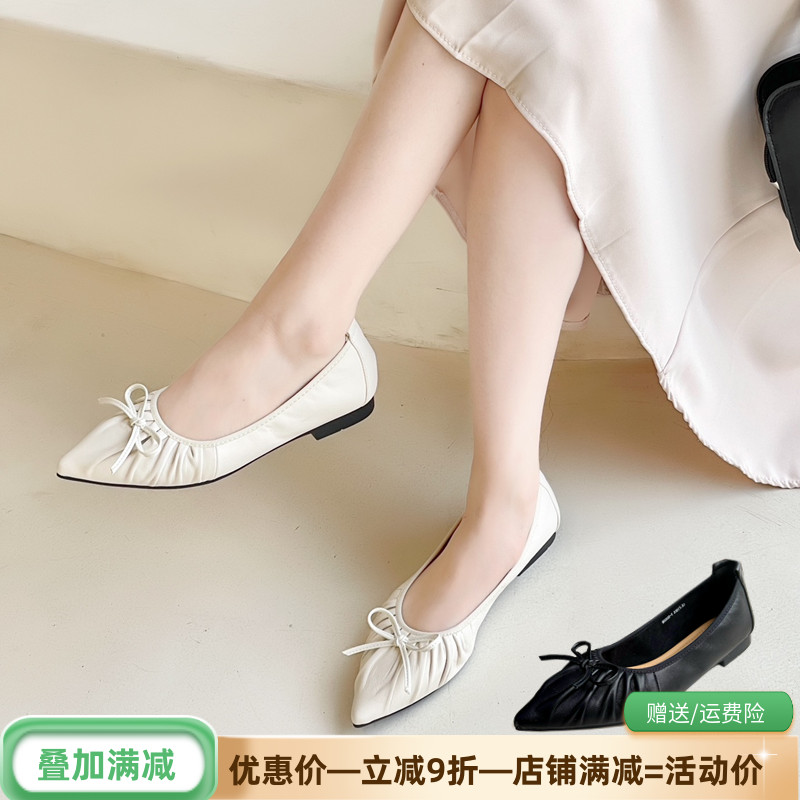 Aee/爱意浅口尖头单鞋女2025新款羊皮瓢鞋舒适平底鞋蝴蝶结