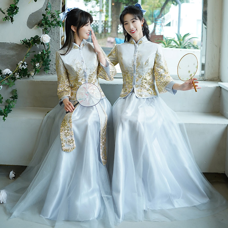 中式伴娘服女蓝色结婚礼服旗袍中国风2026新款姐妹团汉服伴娘裙装