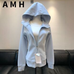 加绒加厚外套女款2026新款秋冬季连帽修身收腰开衫薄长袖卫衣拉链