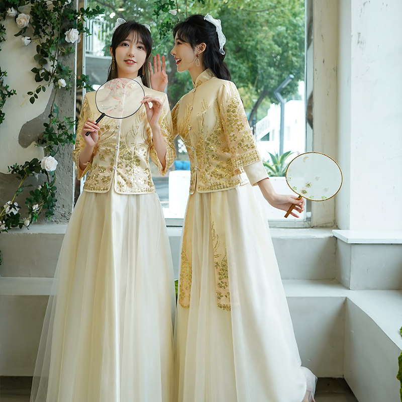 中式伴娘服女蓝色结婚礼服旗袍中国风汉服伴娘裙装2026新款姐妹团