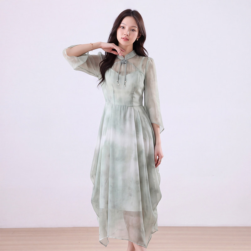 国风晕染长裙印花中式连衣裙级感禅意裙长袖立领A字裙荷叶袖收腰