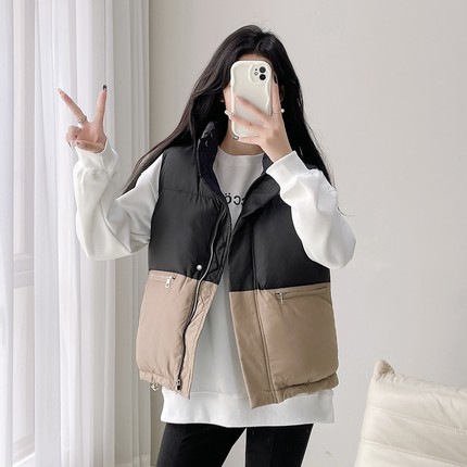 大码胖mm棉服马甲女秋冬新款韩版洋气宽松拼色无袖坎肩棉衣外套潮