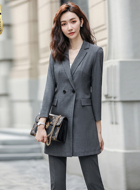西装套装女冬季灰色中长款气质高端西服职业上班族工作服正装时尚