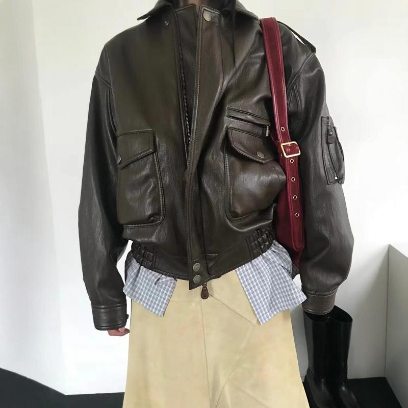 正品现货秋季韩国东大门WE ARE机车口袋工装皮衣外套夹克