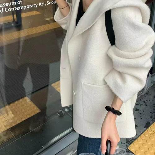 正品现货冬季韩国东大门brunch连帽简单苏力羊驼绒baby羊绒大衣