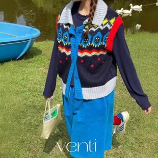 正品直邮秋季韩国东大门VENTI翻领拼色多彩单排扣羊毛毛衣马甲
