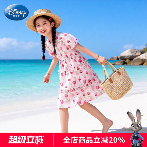 迪士尼玫瑰花边纯棉女童连衣裙