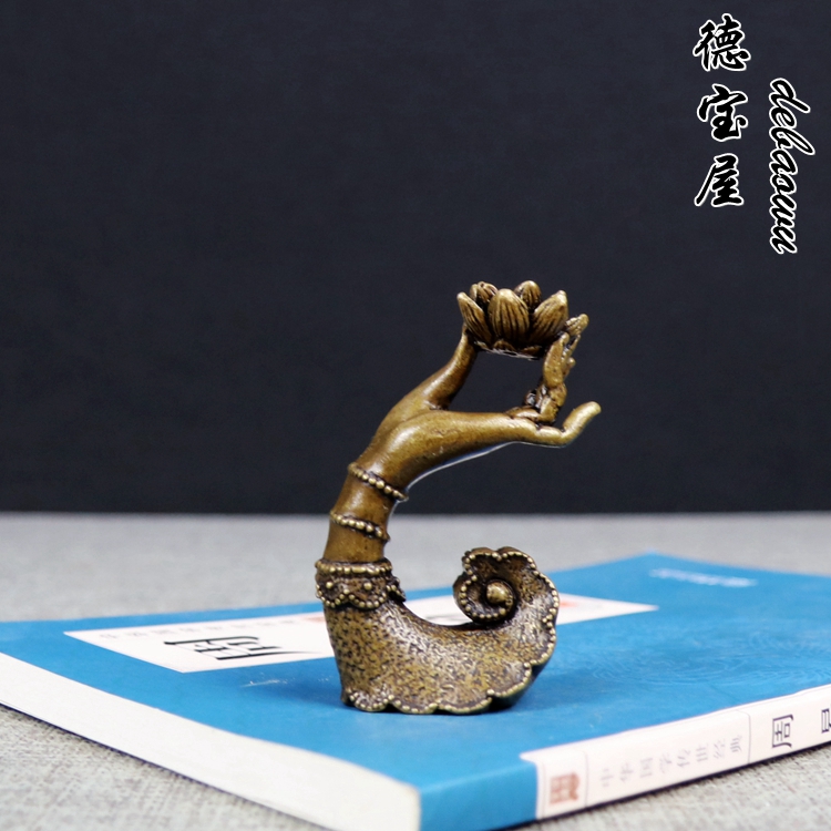 纯铜佛手莲花倒流香实心黄铜手香托香架香炉创意摆件禅意家用室内