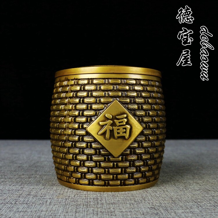 纯铜竹编图案福字罐五谷丰登粮仓金斗罐储物收纳罐双龙茶叶罐