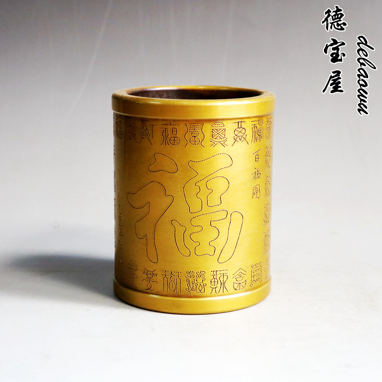 笔筒纯铜百福图摆件仿古风工艺品