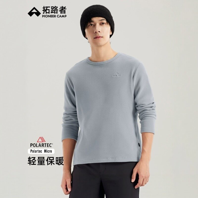 拓路者Polartec Micro户外保暖轻量抓绒衣男款圆领加绒半开襟卫衣