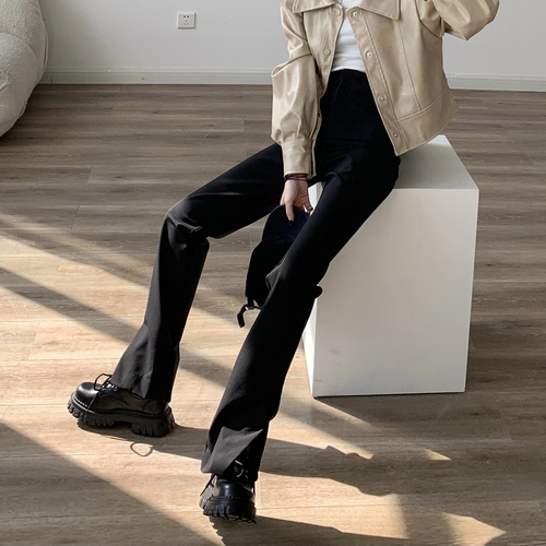 Real shot of black waistband hollow sexy slim high waist trousers slim leg slit pants for women