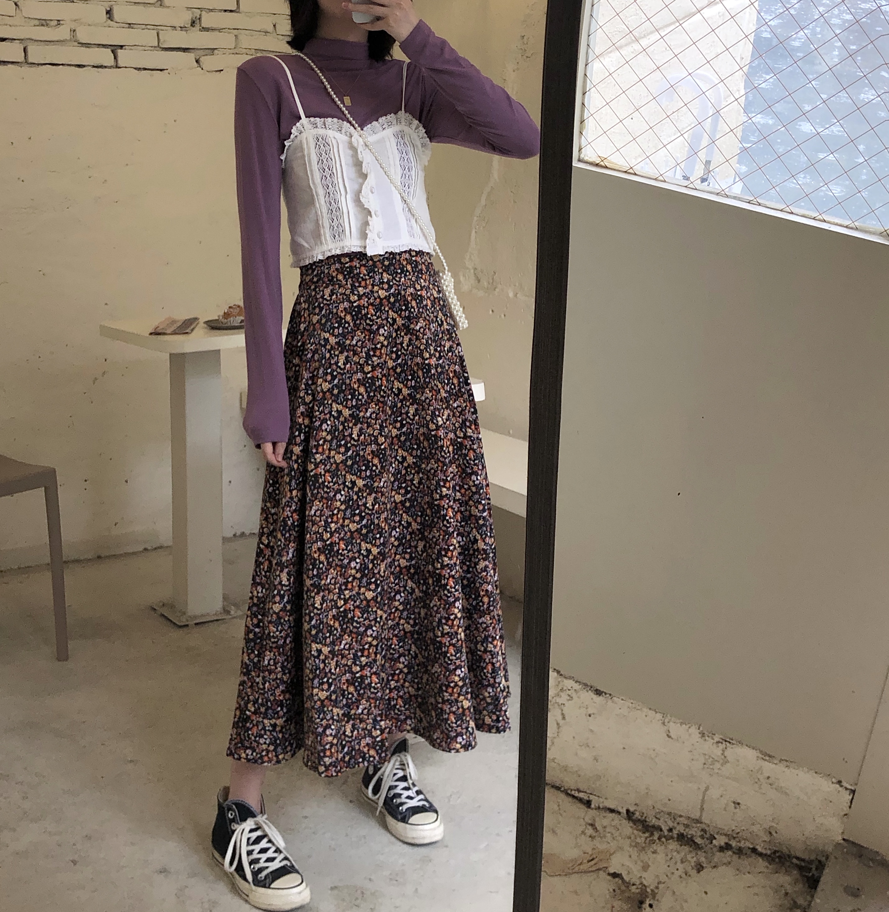 Medium length corduroy flower show thin skirt A-line skirt