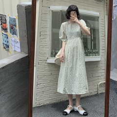 Real auction real price summer square collar slim slim ribbon printed chiffon dress long swing A-line skirt