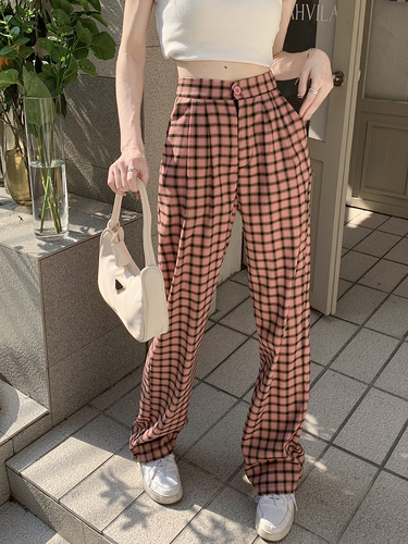 Real shooting real price versatile straight tube plaid pants women's high waist new leg length casual pants wide leg pants fashion