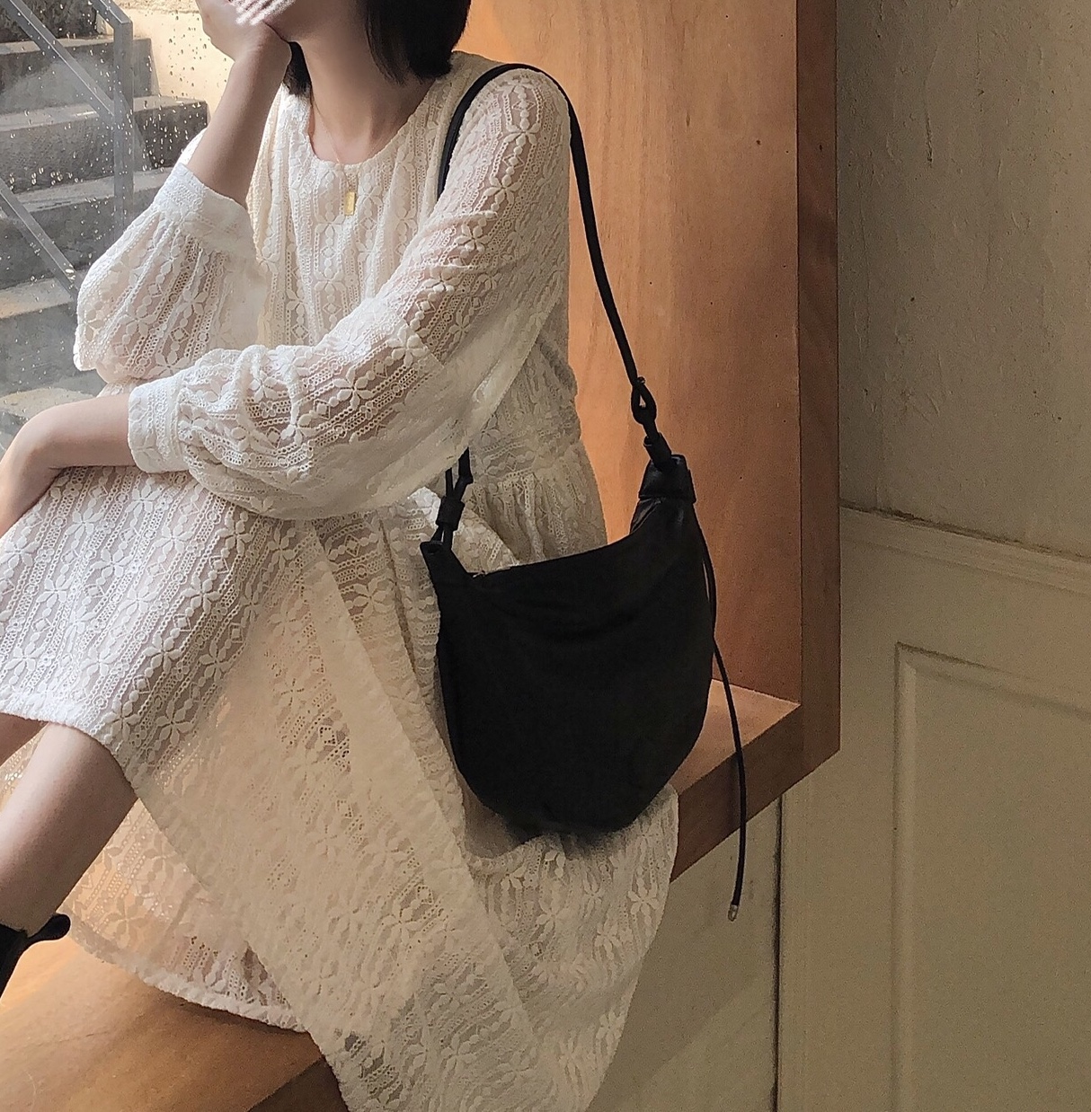 No less than 58 yuan real price down feel lace fairy dress long sleeve medium length bottomed dress