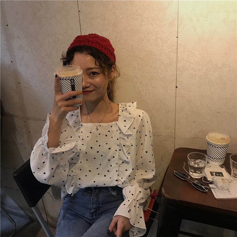 Ruffled thin top love printed chiffon shirt