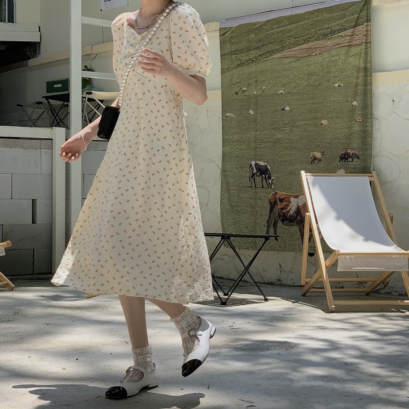 Real auction real price summer bubble Chiffon printed square collar slim waist dress short sleeve A-line skirt