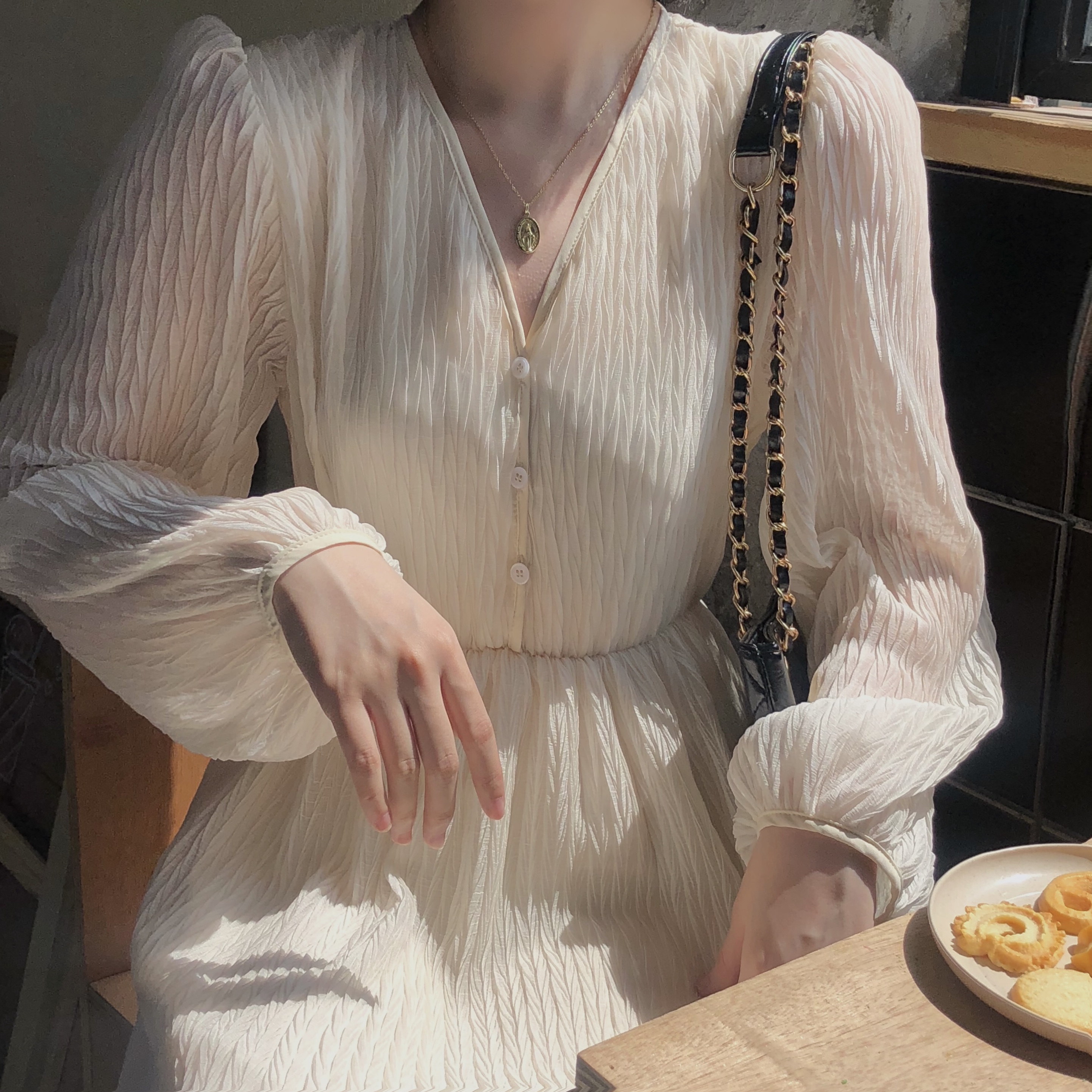 Real shot real price apricot Pleated Chiffon Skirt slim elastic waist long sleeve dress