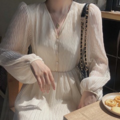 Real shot real price apricot Pleated Chiffon Skirt slim elastic waist long sleeve dress