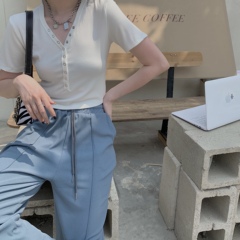 Real price solid color collar breasted short sleeve slim fit elastic short Pullover