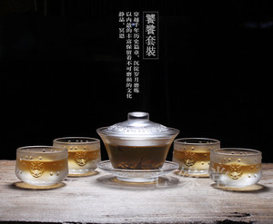 饕餮琉璃盖碗茶杯功夫杯品茗杯白色灰色茶具套装礼盒中式传统造型