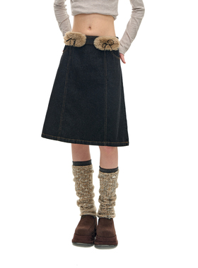 Romance Nanci 可拆卸趣味毛毛腰带冬季设计感A字牛仔半身裙