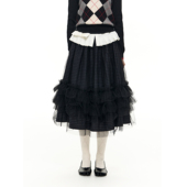 Romance Nanci 藏蓝格纹花边网纱半身裙秋冬松紧腰大摆裙