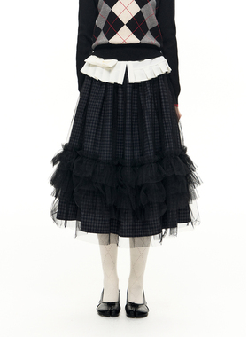 Romance Nanci 藏蓝格纹花边网纱半身裙秋冬松紧腰大摆裙