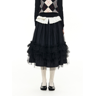 Romance Nanci 藏蓝格纹花边网纱半身裙秋冬松紧腰大摆裙