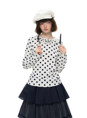 Romance Nanci 精致甜美小众荷叶领波点长袖T恤秋冬内搭打底上衣