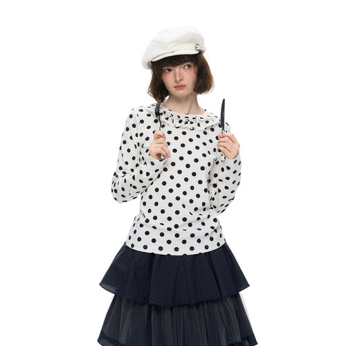 Romance Nanci 精致甜美小众荷叶领波点长袖T恤秋冬内搭打底上衣