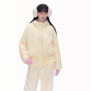 南西 奶黄色抽绳下摆花苞棉服可爱小灯泡宽松加绒加厚连帽外套